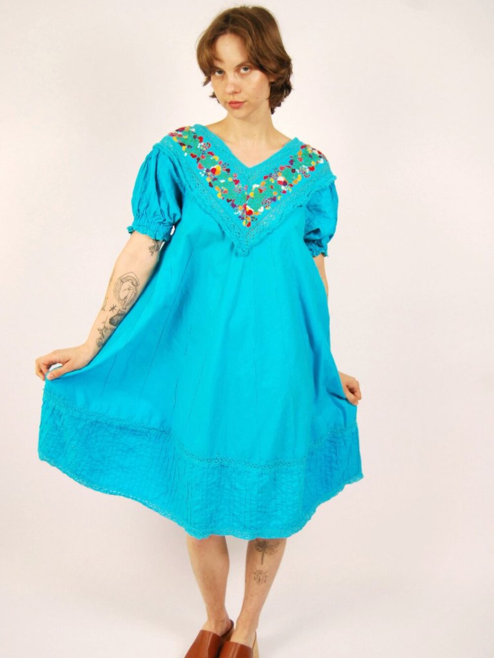 70s Mexican Embroidered Dress (L) large blue vintage shift floral boho sundress